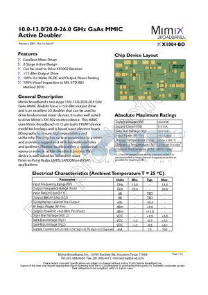 XX1004-BD-EV1 datasheet - 10.0-13.0/20.0-26.0 GHz GaAs MMIC Active Doubler