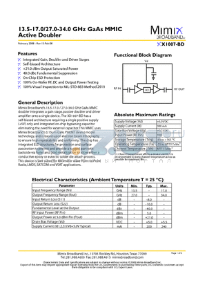 XX1007-BD-000V datasheet - 13.5-17.0/27.0-34.0 GHz GaAs MMIC Active Doubler