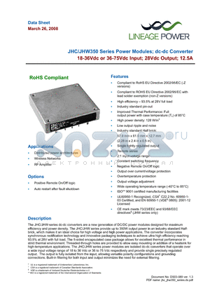 JHC350R4Z datasheet - 18 - 36Vdc or 36 - 75Vdc Input; 28Vdc Output; 350W