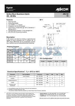 JHS-142_1 datasheet - Surface Mount Quadrature Hybrid, 200 - 400 MHz