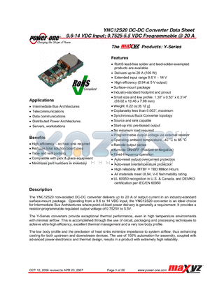 YNC12S20A-DG datasheet - 9.6-14 VDC Input; 0.7525-5.5 VDC Programmable  20 A
