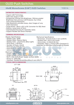 YOD1A datasheet - 64x48 Monochrome (0.66