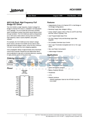 HCA10008 datasheet - 80V/2.5A Peak, High Frequency Full Bridge FET Driver