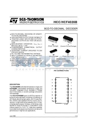 HCC4028BF datasheet - BCD-TO-DECIMAL DECODER