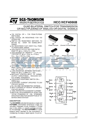 HCC4066BF datasheet - OR MULTIPLEXING OF ANALOG OR DIGITAL SIGNALS QUAD BILATERAL SWITCH FOR TRANSMISSION