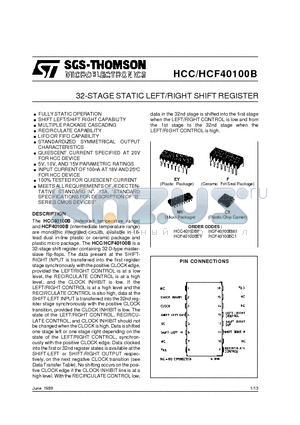 HCF40100B datasheet - 32-STAGE STATIC LEFT/RIGHT SHIFT REGISTER