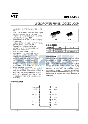 HCF4046M013TR datasheet - MICROPOWER PHASE-LOCKED LOOP