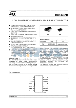 HCF4047M013TR datasheet - LOW POWER MONOSTABLE/ASTABLE MULTIVIBRATOR