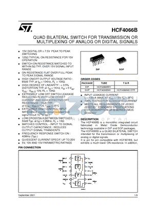 HCF4066BM1 datasheet - QUAD BILATERAL SWITCH FOR TRANSMISSION OR MULTIPLEXING OF ANALOG OR DIGITAL SIGNALS