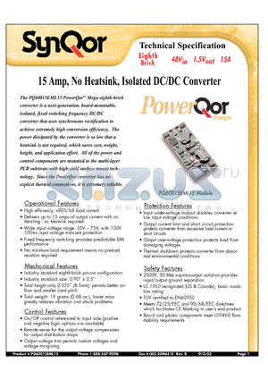 PQ60015EML15NYS datasheet - 15 Amp, No Heatsink, Isolated DC/DC Converter