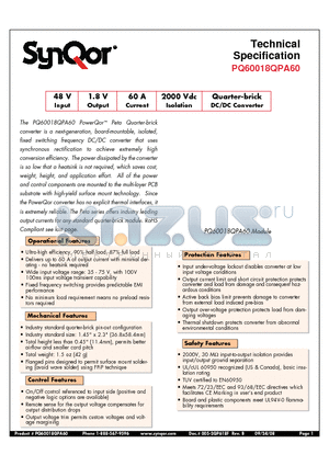 PQ60018QPA60PN2 datasheet - Quarter-brick DC/DC Converter