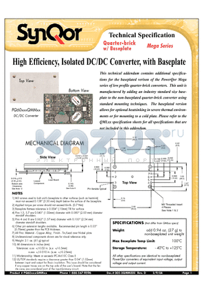 PQ60033QMM15NKS datasheet - High Efficiency, Isolated DC/DC Converter, with Baseplate