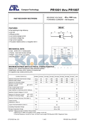 PR1001 datasheet - FAST RECOVERY RECTIFIERS