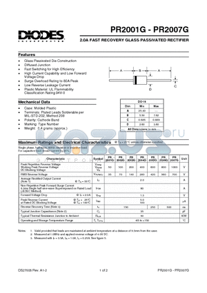 PR2004G datasheet - 2.0A FAST RECOVERY GLASS PASSIVATED RECTIFIER