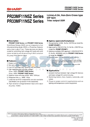PR33MF11NSZ datasheet - Non-Zero Cross type DIP 8pin Triac output SSR