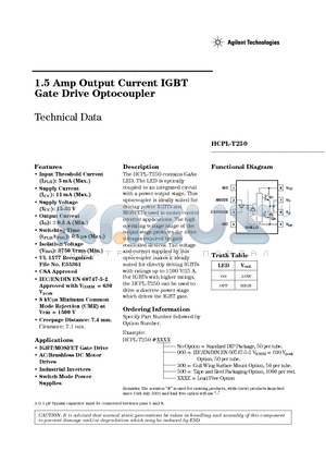 HCPL-T250-500 datasheet - 1.5 Amp Output Current IGBT Gate Drive Optocoupler