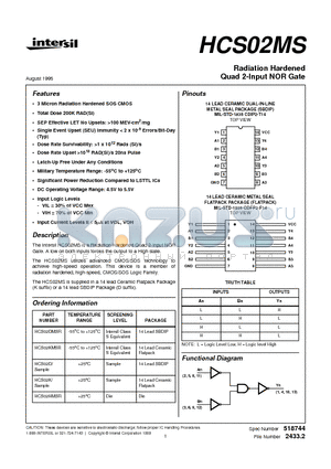 HCS02D datasheet - Radiation Hardened Quad 2-Input NOR Gate