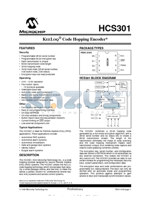 HCS301-P datasheet - KEELOQ CODE HOPPING ENCODER