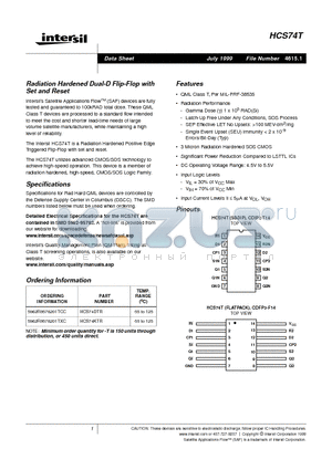 HCS74DTR datasheet - Radiation Hardened Dual-D Flip-Flop with Set and Reset