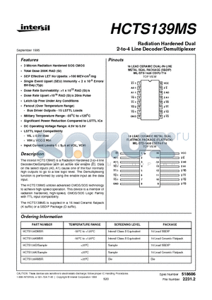 HCTS139KMSR datasheet - Radiation Hardened Dual 2-to-4 Line Decoder/Demultiplexer