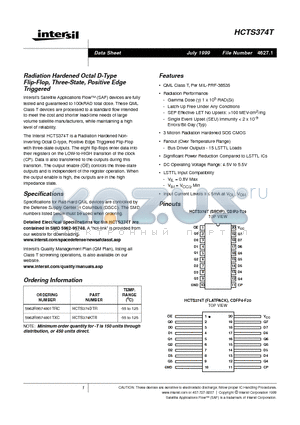 HCTS374DTR datasheet - Radiation Hardened Octal D-Type Flip-Flop, Three-State, Positive Edge Triggered