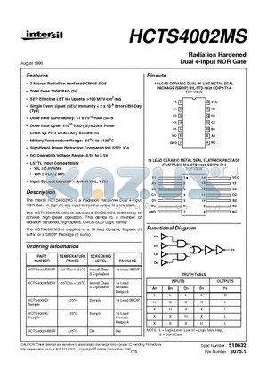 HCTS4002K datasheet - Radiation Hardened Dual 4-Input NOR Gate