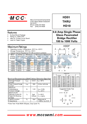 HD01 datasheet - 0.8 Amp Single Phase Glass Passivated Bridge Rectifier 100 to 1000 Volts