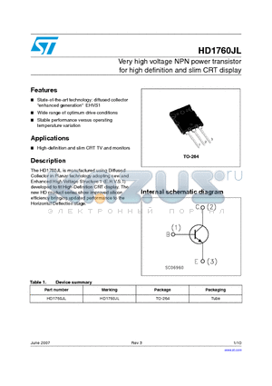 HD1760JL datasheet - Very high voltage NPN power transistor for high definition and slim CRT display