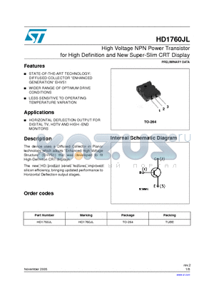 HD1760JL datasheet - High Voltage NPN Power Transistor for High Definition and New Super-Slim CRT Display