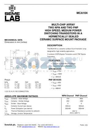 MCA104 datasheet - MULTI-CHIP ARRAY TWO NPN AND TWO PNP HIGH SPEED, MEDIUM POWER SWITCHING TRANSISTORS IN A HERMETICALLY SEALED CERAMIC SURFACE MOUNT PACKAGE