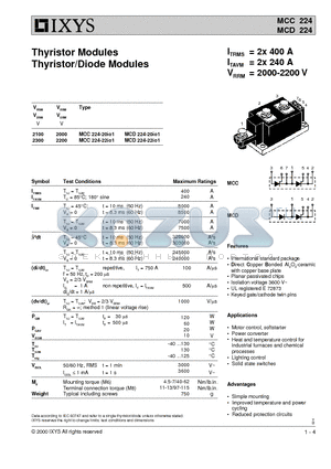 MCC224-22IO1 datasheet - Thyristor Modules Thyristor/Diode Modules