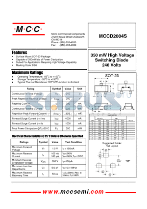 MCCD2004S datasheet - 350 mW High Voltage Switching Diode 240 Volts