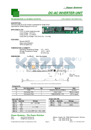 PS-DA0105-07S datasheet - DC-AC INVERTER UNIT 3.5 W SINGLE OUTPUTS