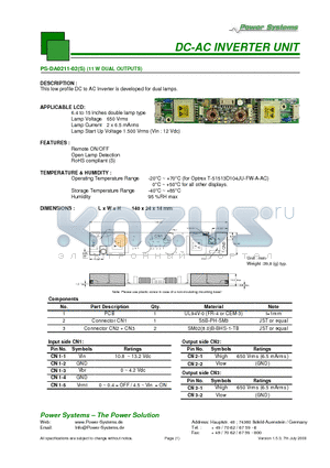 PS-DA0211-02 datasheet - DC-AC INVERTER UNIT 11 W DUAL OUTPUTS