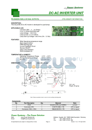 PS-DA0224-10S datasheet - DC-AC INVERTER UNIT 9 W DUAL OUTPUTS