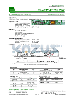 PS-DA0253-032 datasheet - DC-AC INVERTER UNIT 9 W DUAL OUTPUTS
