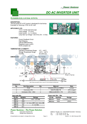 PS-DA0263-01S datasheet - DC-AC INVERTER UNIT 10 W DUAL OUTPUTS