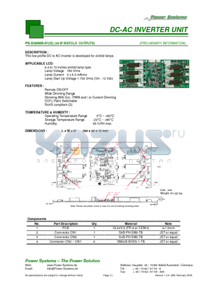 PS-DA0605-01S datasheet - DC-AC INVERTER UNIT 28 W SIXFOLD OUTPUTS