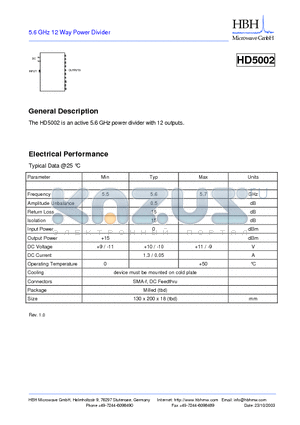 HD5002 datasheet - 5.6 GHz 12 Way Power Divider