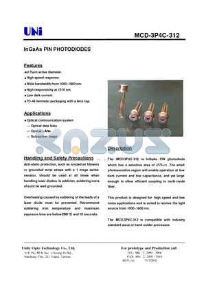 MCD-3P4C-312 datasheet - InGaAs PIN PHOTODIODES