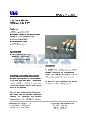 MCD-3T4C-313 datasheet - 1.25 Gbps PIN-TIA (1310nm) 3.3V & 5V