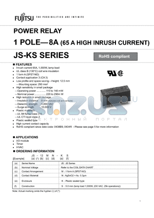 JS-12MN-KS datasheet - POWER RELAY 1 POLE-8A (65 A HIGH INRUSH CURRENT)