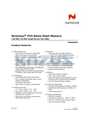 JS28F128P33BF70 datasheet - Numonyx^ P33-65nm Flash Memory 128-Mbit, 64-Mbit Single Bit per Cell (SBC)