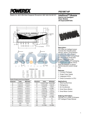 PS21867-AP datasheet - Intellimod Module Dual-In-Line Intelligent Power Module 30 Amperes/600 Volts