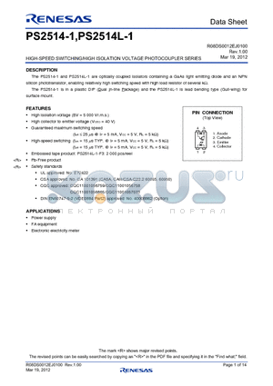 PS2514L-1-V datasheet - HIGH-SPEED SWITCHING/HIGH ISOLATION VOLTAGE PHOTOCOUPLER SERIES