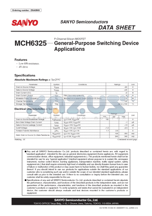 MCH6325 datasheet - P-Channel Silicon MOSFET General-Purpose Switching Device Applications