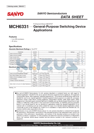 MCH6331 datasheet - P-Channel Silicon MOSFET General-Purpose Switching Device Applications