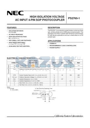 PS2765-1-F3 datasheet - HIGH ISOLATION VOLTAGE AC INPUT 4-PIN SOP PHOTOCOUPLER