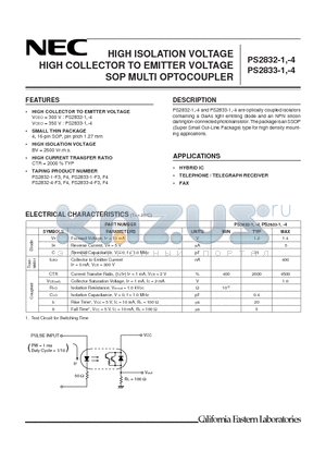 PS2833-4 datasheet - HIGH ISOLATION VOLTAGE HIGH COLLECTOR TO EMITTER VOLTAGE SOP MULTI OPTOCOUPLER