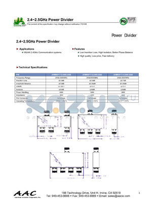 JXMBGF-T-2-2400-2500 datasheet - 2.4~2.5GHz Power Divider